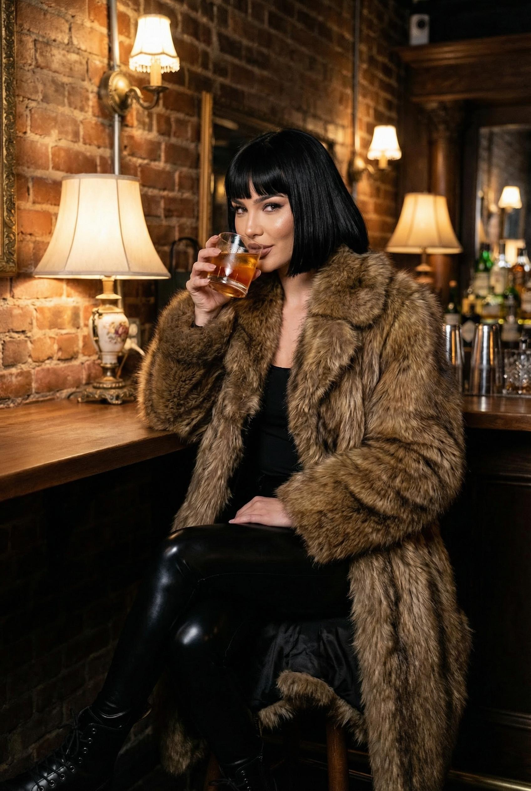 Luxury bar scene with brown fur coat